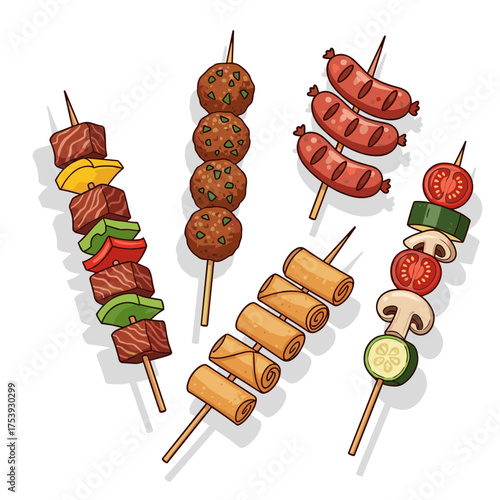Assortment of four different types of skewers: meat, meatballs, spring rolls, and sausage with vegetables.
