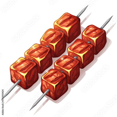 Uncooked Meat Cubes on Metal Skewers, Ready for Grilling