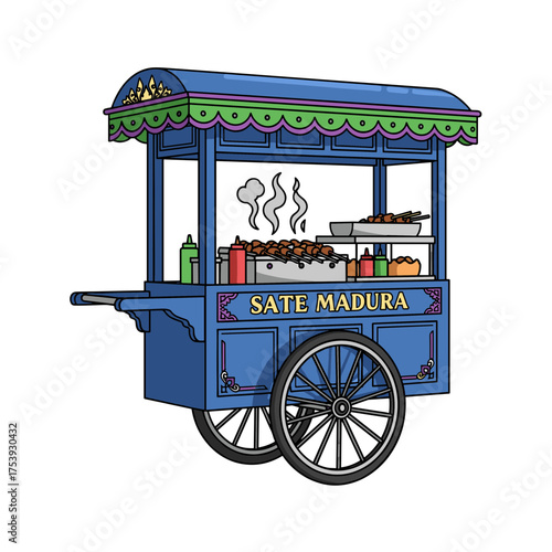 Traditional "Sate Madura" Indonesian Street Food Cart Illustration
