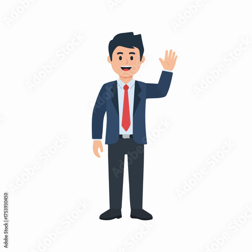 Smiling cartoon businessman in a blue suit and red tie waving his hand in a friendly greeting.