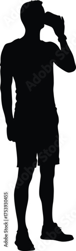 Athlete Hydrating Silhouette, Male Figure Drinking from Bottle, Fitness and Sport Vector Graphic Resource
