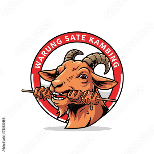 "Warung Sate Kambing" Emblem with Cartoon Goat Eating Satay Skewers