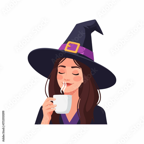 Young Witch Enjoying a Warm Cup of Coffee on a Chilly Day