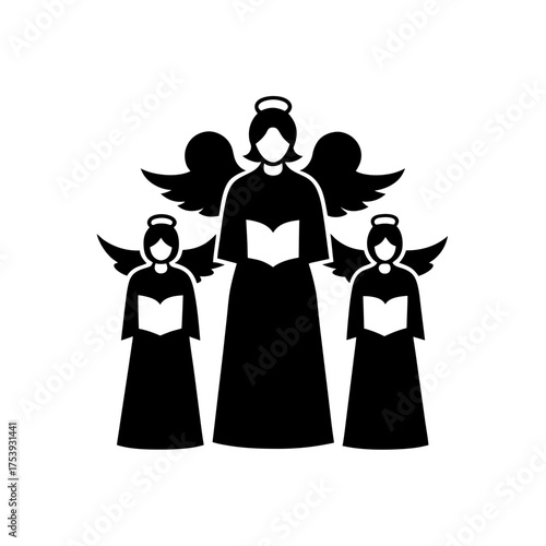 Three angels singing from open hymn books on transparent background silhouette