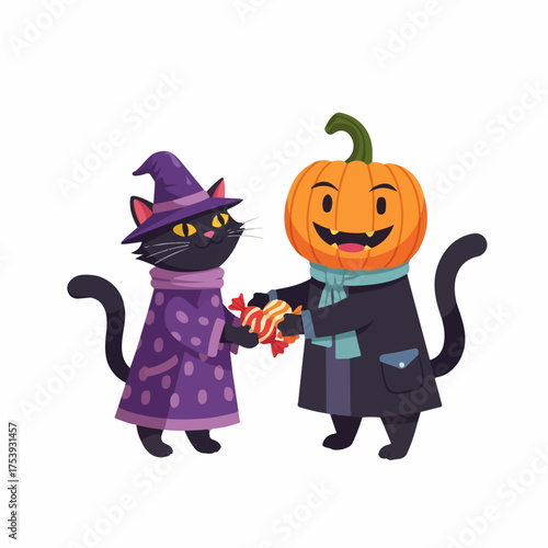 A friendly black cat witch and a pumpkin-headed character happily exchanging Halloween candy.