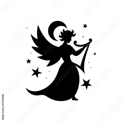 Silhouette of angel playing harp with stars on transparent background
