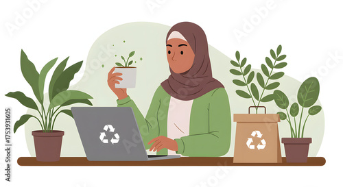 Muslim Woman Working on Laptop with Plants, Embracing Eco-Friendly & Sustainable Lifestyle at Home Office