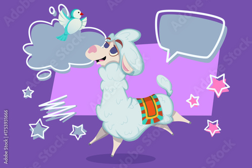 Cheerful cartoon llama prancing happily while daydreaming, imagining colorful bird flying above against bright background