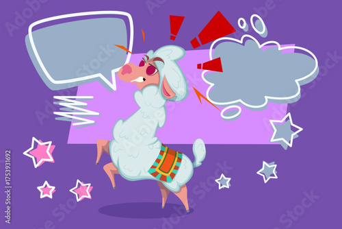 Colorful cartoon llama standing on its hind legs, expressing anger with large speech bubbles and exclamation marks around it