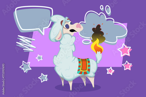Llama with fluffy white coat standing on colorful background. Animal looking surprised while smoke and flames rising from its tail, surrounded by speech bubbles and stars