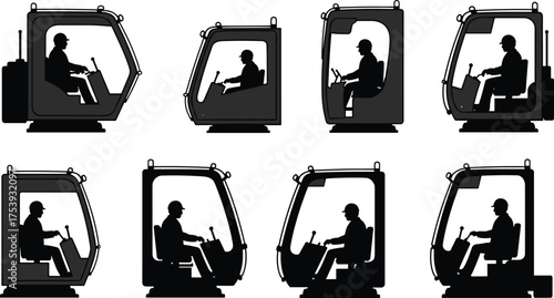 Industrial vehicle operator silhouettes, construction cabin posture variations, forklift and excavator driver positions, ergonomic machinery control scenes, black vector icons set