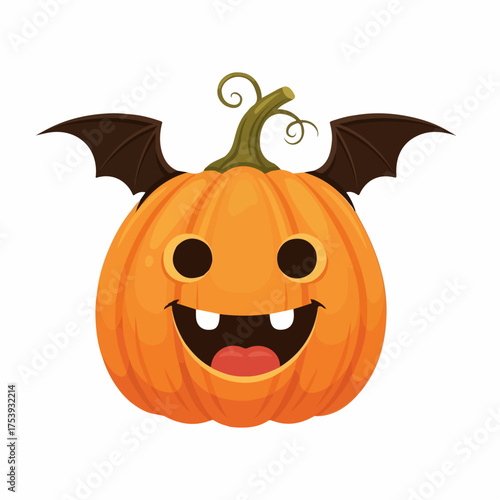 A cheerful cartoon jack-o'-lantern with a wide, toothy smile wearing dark bat wings.