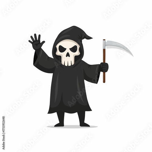 Cartoon Grim Reaper character with skull face and black hooded robe, waving and holding a scythe.