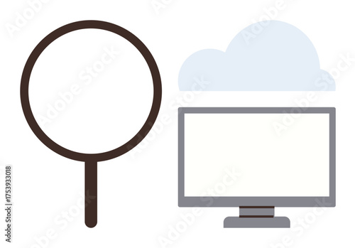 Magnifying glass next to a monitor under a cloud emphasizes online research, data search, and cloud computing. Ideal for innovation, research, technology, data exploration, cloud storage, digital