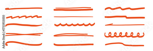 Line marker red underline set. Hand drawn red pen and brush stroke with underline accent, swoosh detail and squiggly sketch mark. Scribble texture and curved paint tail. Vector illustration