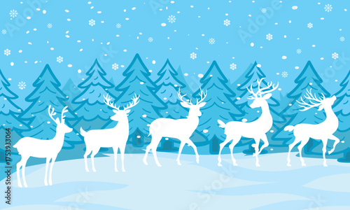 White reindeer in snowy forest with blue pine trees and falling snowflakes, winter Christmas background illustration, festive seasonal design for greeting and decoration