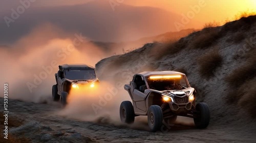 Thrilling off-road racing adventure desert landscape dynamic action shots sunset environment dramatic viewpoint exciting experience
