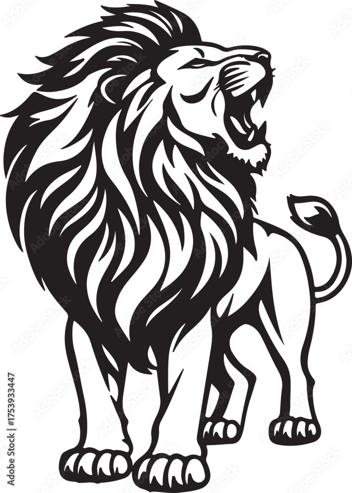 Fototapeta premium Roaring Lion Silhouette Vector – Majestic Black and White Animal Illustration