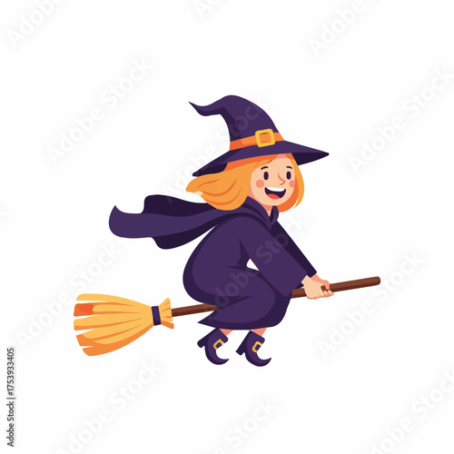 A cheerful young witch with blonde hair in a purple costume flying on a magic broomstick.