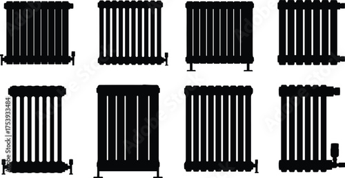 Set of black vintage cast iron radiators silhouette collection, heating equipment design elements, retro radiator icons, vector isolated illustration