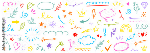 Line icon cute element set. Doodle line color icon decorative arrow, cloud, crown, sparkle and flower. Hand drawn heart, sketchy figure, funny outline and cartoon ribbon for kids. Vector illustration