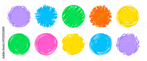 Crayon circle shape frame set. Hand drawn sketch brush line round childish shape. Children color crayon brush stroke frames. Scribble hand drawn grunge doodle color circle set. Vector illustration