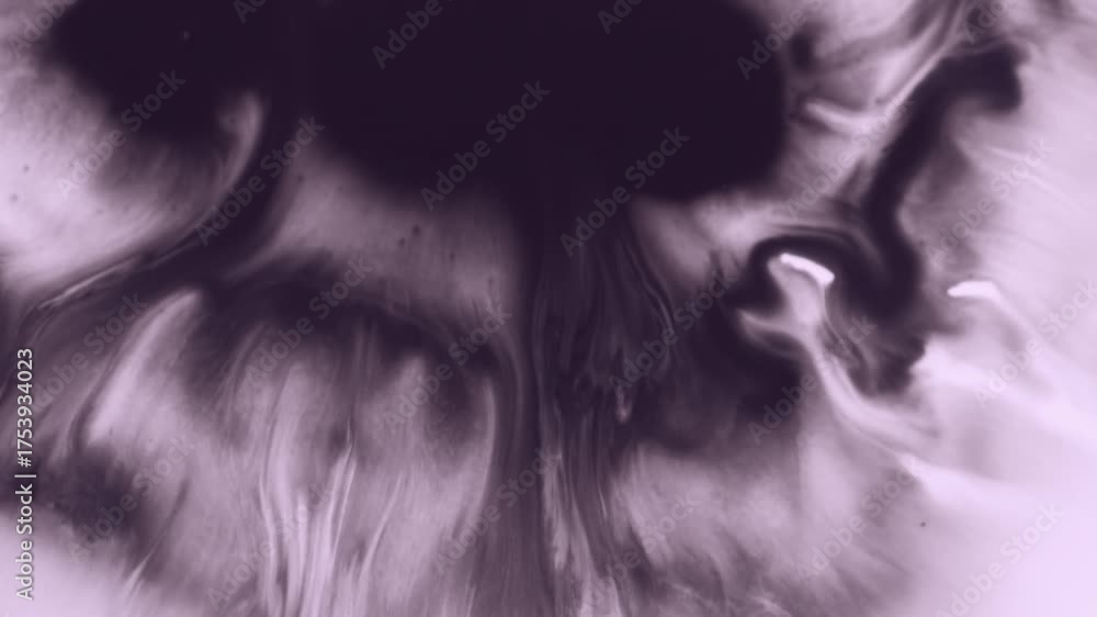 Paint flow. Pour liquid. Defocused purple white color chemical emulsion water texture blotch spreading on creative abstract background.