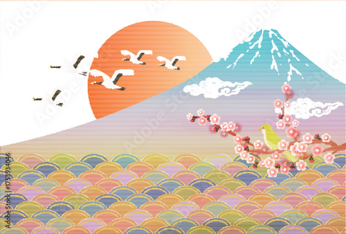 富士山　和柄　年賀状　背景	