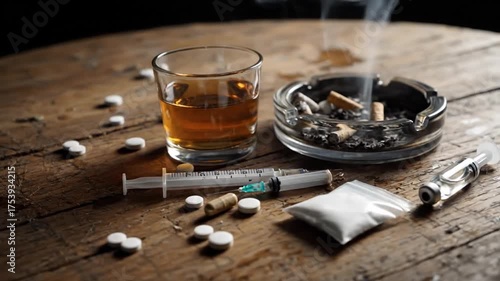 Addiction Crisis Concept with Cigarette Butts in Ashtray near Alcohol Glass and Syringe with Needle and Pills on Rustic Wooden Table Top Showing Substance Abuse and Vice