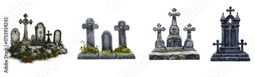 Collection of gravestones with crosses and tombstones in a cemetery setting.