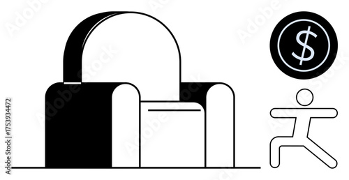 Abstract person running toward a dollar sign above a bold chair illustration. Ideal for themes thumbs up motivation, success, career growth, business, finance, goal setting, entrepreneurship. Simple