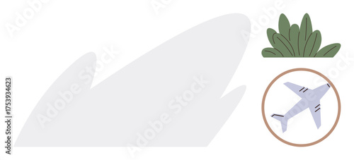 Airplane encircled by a brown ring near leafy greenery, symbolizing travel, eco-tourism, and exploration. Ideal for travel, sustainability, nature, tourism, lifestyle environmental awareness simple