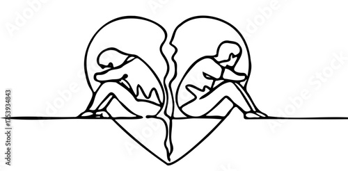 Unhappy young couple standing arms crossed. Family conflict. Break up relationship. Married couple man woman angry, sad against broken heart. Single line draw design vector