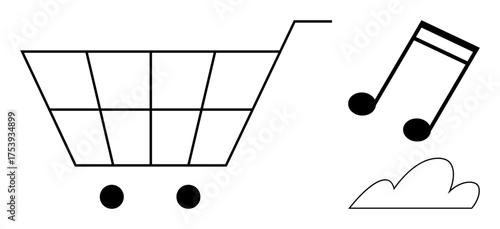 Shopping cart with wheels, musical notes, and a cloud. Ideal for e-commerce, streaming, digital media, cloud storage, online shopping entertainment creative content. Simple flat metaphor
