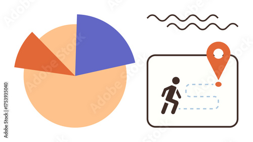 Pie chart with three colored sections beside a map icon depicting a location pin and path. Ideal for data visualization, analytics, goals, navigation, planning, strategy, success. Simple flat