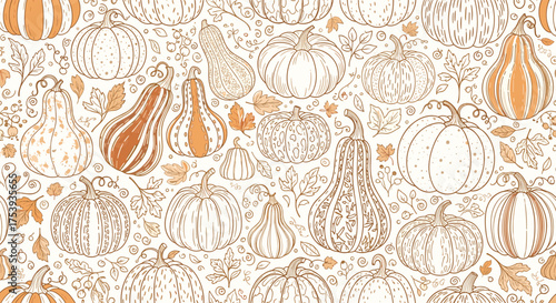 A delightful pattern featuring various gourds and pumpkins in autumnal shades for seasonal decor.