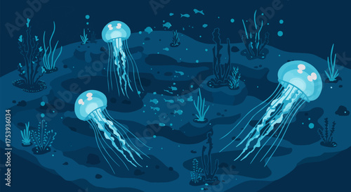 An enchanting underwater illustration of several luminous jellyfish gracefully floating in the dark, deep blue ocean