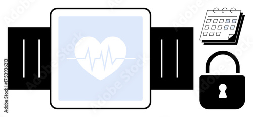 Smartwatch with heart monitor display, calendar, and padlock. Ideal for fitness, health tracking, scheduling, data privacy, security healthcare and technology concepts. Simple flat metaphor