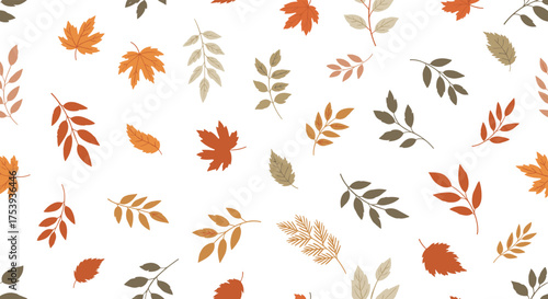 A whimsical scattering of autumn leaves in various warm colors and styles.