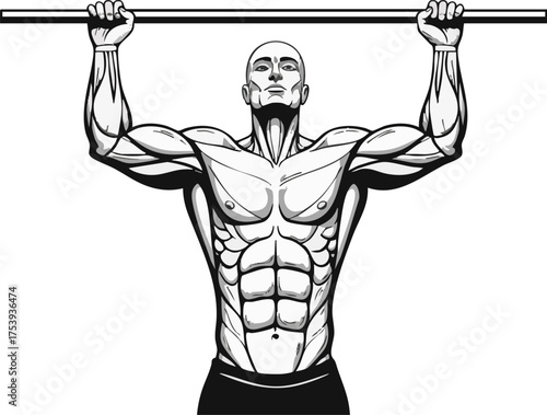 A powerful, muscular man with a defined physique performing a pull-up on a horizontal bar.