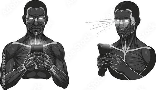 A muscular anatomical figure with glowing eyes intensely focused on a bright smartphone.