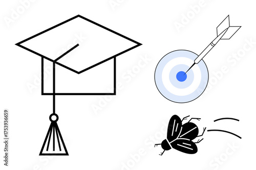 Graduation cap for education success, dart hitting bullseye for goal accomplishment, and flying insect for persistence. Ideal for education, achievement, focus, success, learning, self-discipline