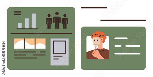 Analytics panel displaying charts, icons, text, and profile card with photo and details. Ideal for data analysis, user management, identity, UX design, reporting productivity tools simple flat