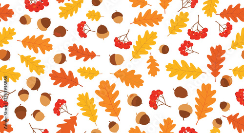 A colorful pattern featuring oak leaves and acorns in autumnal hues.