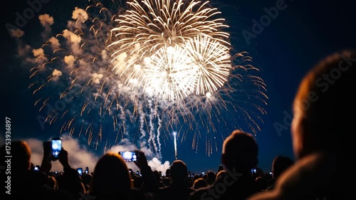 Crowd watching a spectacular fireworks display light up the night sky