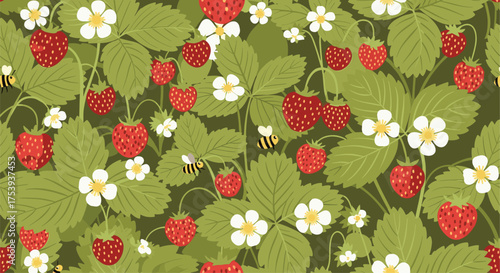 A charming pattern of ripening strawberries and white blossoms scattered amongst green leaves with tiny buzzing bees flying around.