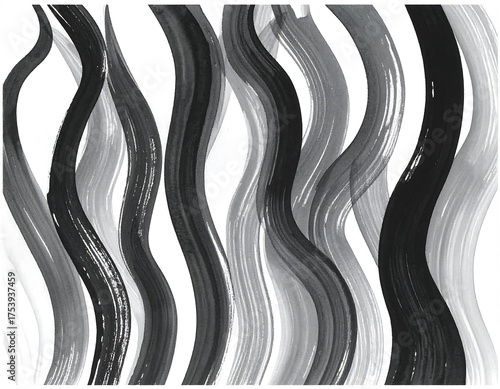 Abstract artwork composed of overlapping, flowing, grayscale brushstrokes creating a wavy effect