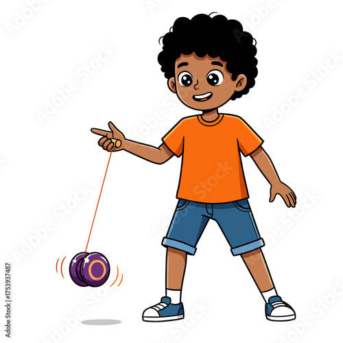 A happy cartoon boy with black afro hair is smiling and playing with a purple yo-yo.

