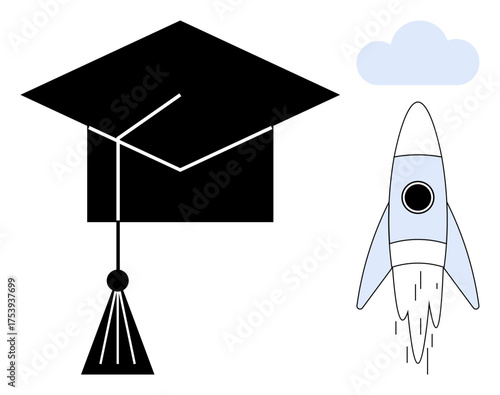 Graduation cap alongside rocket taking off, representing innovation and progress in education. Ideal for success, learning, growth, innovation, future, achievement career development. Minimalistic