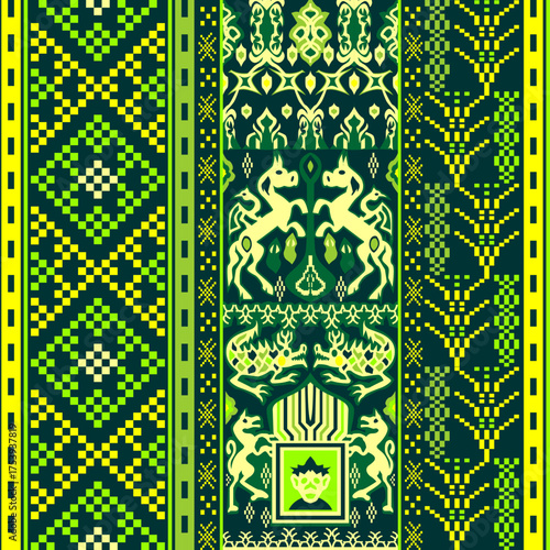 Traditional Green and Yellow Ethnic Seamless Textile Pattern with Stylized Figures of Horse , crocodile, rooster, and people combine into dynamic motifs in green and yellow colors